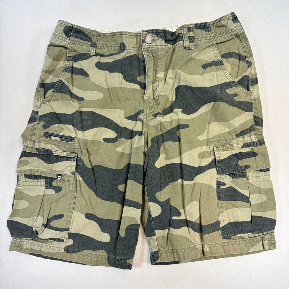 Billabong Cargo Shorts Men 34 Green Camo Ripstop Cotton Outdoor Hiking Utility